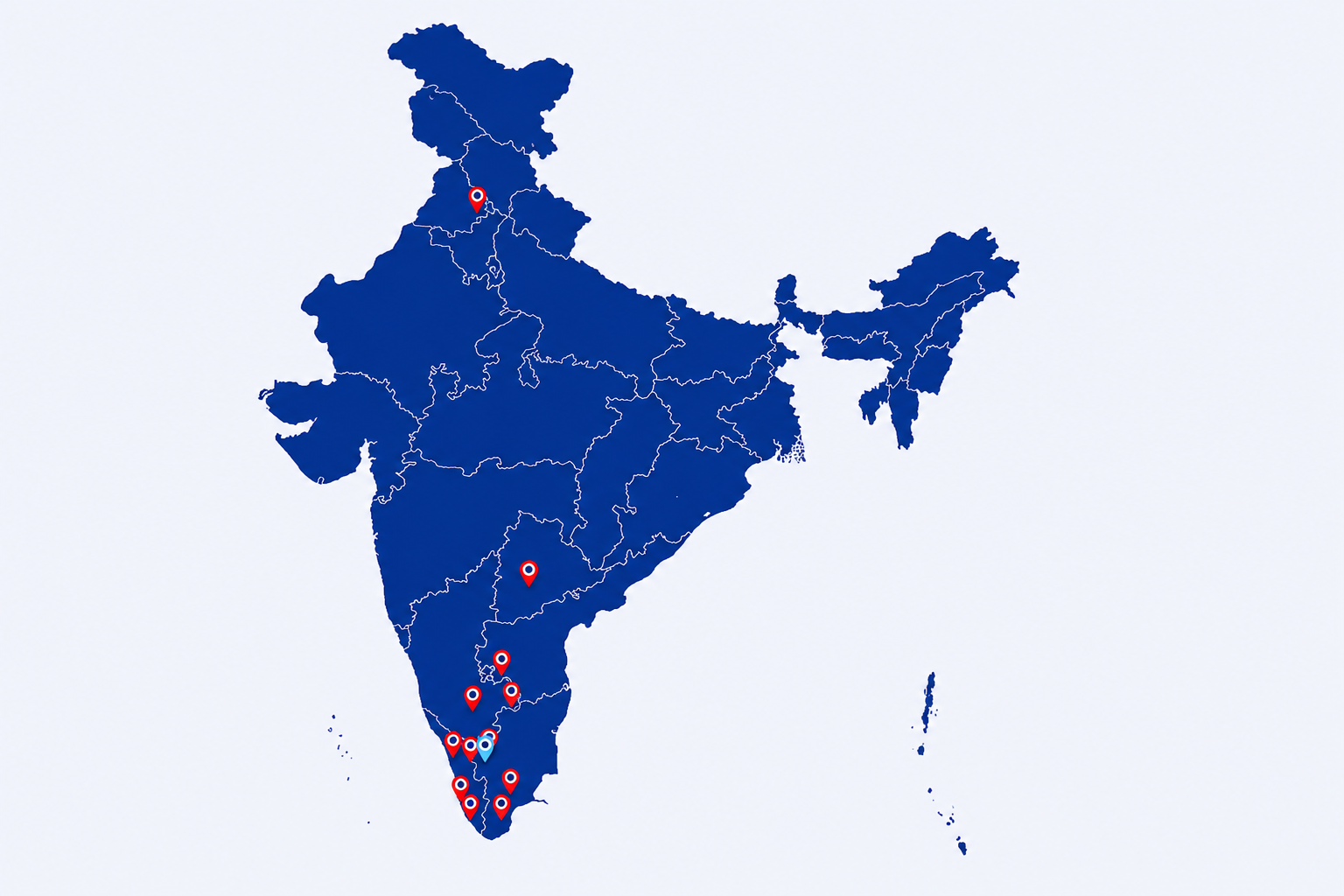 Map of India marking Crossfields' branch locations