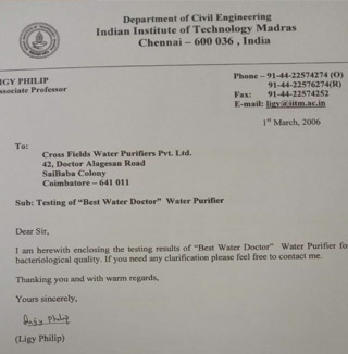 IIT Madras water test certificate